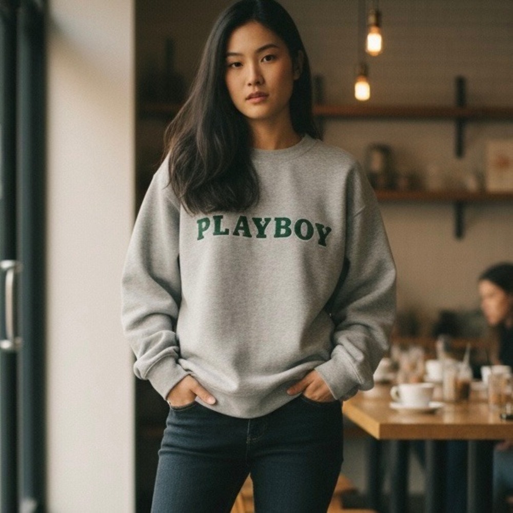 PLAYBOY Grey Sweatshirt Crewneck Pullover Fun Comfy‎ Oversized Size M